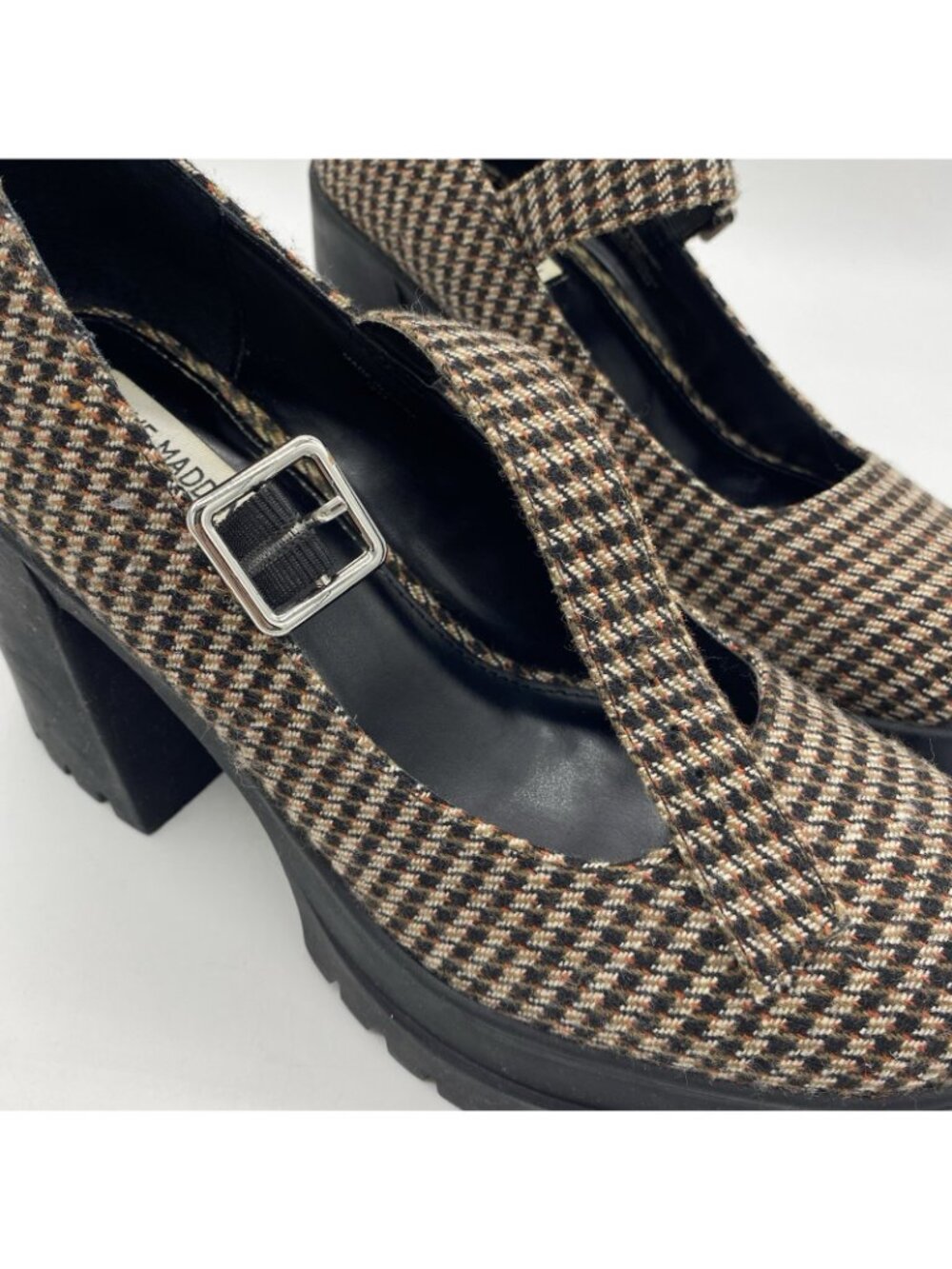 Steve Madden Orsen Mary Jane 9.5 Houndstooth Plaid Tweed Lug Block Heel Loafer - Picture 3 of 14